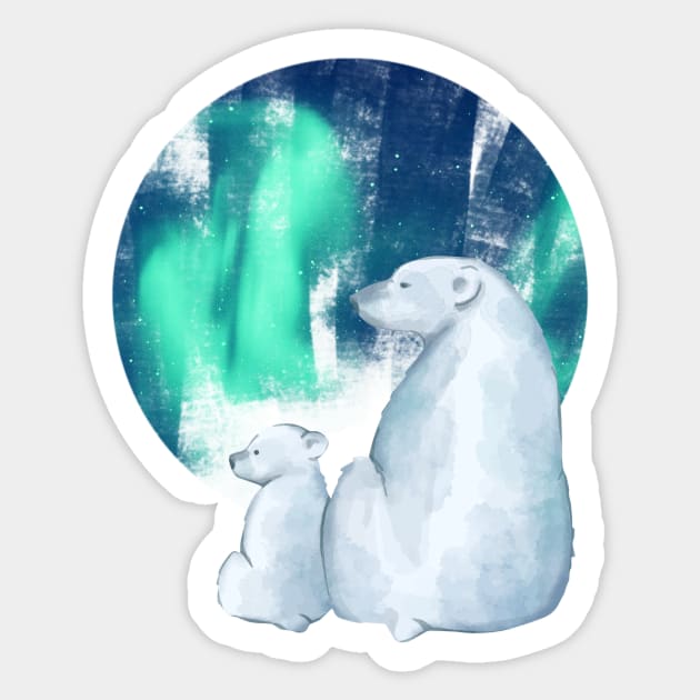 Northern Lights Aurora Borealis Cute Polar Bear Mama and  Cub Sticker by Little Duck Designs